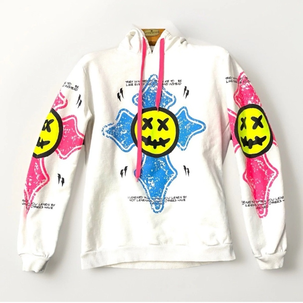 Rhum 22 White Smiley Face Cross Hoodie Bold Colourful Design‎ Streetwear Size L